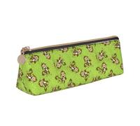 Green Clever Monkey Printing Triangular Leather Pencil Case with Zipper Pen Pouchfor Boys Girls Pupil for Work and School