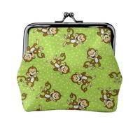 Green Clever Monkey Women's Leather Kiss-Lock Coin Purse,Double-Sided Full Print Pattern,Ultra-Fine Fiber Leather,Small Clutch Wallet for Cash,Cards,Coins