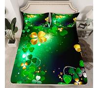 Green Clover Fitted Sheet Double Size, Gold Lucky Shamrock Bedding Set 3pcs for Kids Boy Girls Room Decor, St. Patrick's Day Bed Cover with 2 Pillowcases, Soft Polyester Bedding