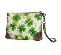 Green Clover Leather Clutch Bag for Women, Gold Coin Wristlet Purse with Detachable Strap Evening Handbag, Ladies Long Wallet for Wedding Party Travel Business
