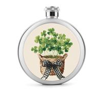 Green Clover Plant in A Wicker Basket Stainless Steel Hip Flask for Liquor, Round Pocket Portable Wine Flask for Drink 5 Oz