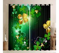 Green Clover Window Curtains Gold Lucky Shamrock Window Drapes for Kids Bos Girls Room Decor, St. Patrick's Day Window Treatments Grommet Top 2 Panel Set Bedroom Curtains, 66Wx72L inch
