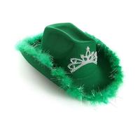 Green Cowboy Hat with Fluffy Marabou Trim and Sparkling Tiara - Glam Fancy Dress Accessory for Hen Parties, Festivals, Rodeos, Themed Events and Girls’ Nights Out