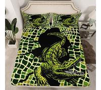 Green Crocodile Fitted Sheet,Watercolor Wildlife Animal Themed Bedding Set All-Round Elastic Deep Pocket,Abstract Geometric Plaid Soft Microfiber Fashion Bed Sheet(1 Pillow Sham),Single Size