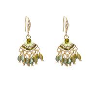 Green Crystal Beaded Tassel Dangle Earrings, Gold Filigree Fan Shape Rhinestone Hook Drop Earrings, Vintage Statement Jewelry for Women
