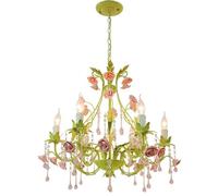 Green Crystal Farmhouse Pink Rose Flower Foyer 6 Lights Candle French Country Chandelier Large Modern Pendant Light for Girls Bedroom Dining Room Kitchen Island