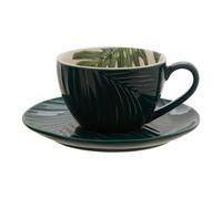 Green Cup & Saucer,Tropical Leaf Design on Porcelain Cup & Saucer,Glazed Finish Set of 2 With White Inner