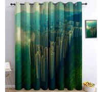 Green Curtains Eyelet Thermal Insulated Ring Top 100% Blackout Curtains, Aerial View Of Hong Kong City Print Pattern Window Drapes for Bedroom Living Room, 29.5 x 65 Inch