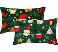 Green Cushion Covers 30cm x 45cm Pack of 2 Rectangular Waterproof Soft Outdoor Cushions Santa Claus Decorative Throw Pillow Cases for Bedroom Sofa Garden Patio Home Décor Large Cushions 12x18in JK-473