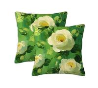 Green Cushion Covers 50 x 50 cm Set of 2 Outdoor Cushions Rose, Waterproof Linen Square Pillow Covers with Stitched Edge, Outdoor Throw Pillow Decorative for Office Home Garden Furniture Garden S-888