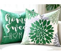 Green Cushion Covers 50cm x 50cm, 2 Pack Green Grey Dahlia Floral Print Decorative Sofa Cushions Cover, Velvet Feel Short Plush Word Pillow Case, Flowers Patterned Living Room Home Decor Pillowcase