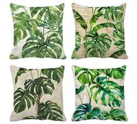 Green Cushion Covers 80 X 80 Set of 4 Square Outdoor Cushions Waterproof Linen Decorative Pillows Covers Leaf Pattern Design with Invisible Zipper for Home Decor Living Room, Gifts for Women 3-6R