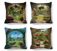 Green Cushion Covers, Large Cushions 60x60 cm Set of 4, Soft Wrinkle-Free Linen Landscape Cushion Covers for Sofa Garden Outdoor Cushions Decorative Pillows, Cooling Pillow Cases for Summer Fall K-795