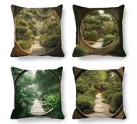 Green Cushion Covers, Large Cushions 60x60 cm Set of 4, Soft Wrinkle-Free Linen Landscape Cushion Covers for Sofa Garden Outdoor Cushions Decorative Pillows, Cooling Pillow Cases for Summer Fall K-798