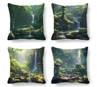 Green Cushion Covers, Large Cushions 70x70 cm Set of 4, Soft Wrinkle-Free Linen Landscape Cushion Covers for Sofa Garden Outdoor Cushions Decorative Pillows, Cooling Pillow Cases for Summer Fall K-793