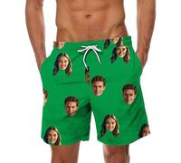 Green Custom Men Swim Trunks with Face Personalized Beach Shorts Funny Printed Customised Your Own Design Hawaiian Board Shorts Summer Plus Size Lightweight Quick Dry Swimwear Swimming Costume