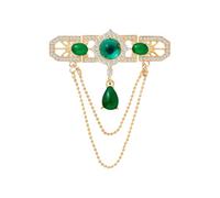 Green CZ Rectangle Teardrop Dangle Chain Tassel Brooch Lapel Pins for Women Men Elegant Vintage Drop Brooches Pin for Suit Dresses Clothes Accessorries Wedding Party Jewelry