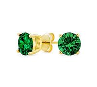 Green CZ Stud Earrings Brilliant Cut Solitaire Yellow Gold Plated .925 Sterling Silver Simulated Emerald AAA CZ