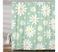 Green Daisy Floral Shower Curtain, Cute Boho White and Green Groovy Retro Flower Fabric Shower Curtains Set for Girls Bathroom Decorative, Aesthetic Restroom Decor Accessories with Hooks 72X72 Inch