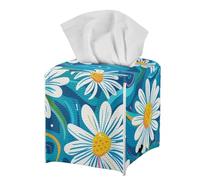 Green Daisy Tissue Box Holder Modern Decorative PU Leather Square Tissue Box Cover for Home Office Tissue Cube Organizer for Dining Table Nightstand