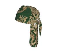 Green Damask Pattern With Gold Floral Design Printed Quick Drying Cycling Cap, Breathable Mesh Bandana Helmet Liner, for Running Fishing