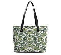 Green Decorative Pattern Tote Bag Large Soft Leather Purse with Zipper Lightweight Ladies Shoulder Handbag