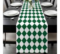 Green Diamond Plaid Table Runner 13x72 Inches Long White Geometric Check Abstract Modern Cotton Linen Table Runner Burlap Style for Dinner Table Party Decor Tabletop Decorations