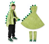 Green dinosaur costume kids for Halloween, hooded cape and claws | Row of spines down the back, one pair of clawed arm covers, quick front fastening, ages 6 to 8, 120-130 cm