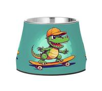Green Dinosaur Skateboard Dog Raised Bowl, 540 ML Feeding Food Pet Bowl Stainless Steel Non-slip High Capacity Cat Bowl