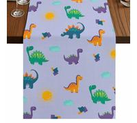Green Dinosaur Table Runner, Cartoon Blue Animal Sun Cloud Purple Background Cotton and Table Linen Runner for Kitchen Dining Home Decor for Party Festival Holiday Decoration Gift 18x72in