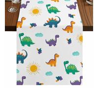 Green Dinosaur Table Runner, Cartoon Blue Purple Animal Yellow Sun Cloud Cotton and Table Linen Runner for Kitchen Dining Home Decor for Party Festival Holiday Decoration Gift 13x90in