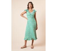 Womens Green Ditsy Frill Neck Ruched Front Jersey Midi Dress Green 14
