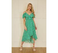 Green Ditsy Print Bardot Midi Dress With Dip Hem Yumi Green 14