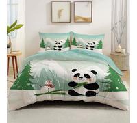 Green Double Duvet Set Soft Printed, Cartoon Animals Panda Bamboo Luxury Bedding Set Modern Comforter Microfiber Duvet Cover - 230 x 220 cm with Zipper Closure and 2 Pillowcases 50x75 cm