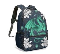 Green Dragon All Over Print Backpack 16 Inch Vintage Floral Art Deco Mystical School Bag for Kids Students Ornate Rose Pattern (03)