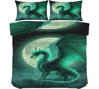 Green Dragon Double Size Duvet Cover Sets Moonlit Night Bedding Set, Soft and Comfortable Microfiber Quilt Cover and 2 Pillowcases 50×75, for Room Decor RP1901