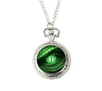 Green Dragon Eye Pocket Watch - Fantasy Creature Design - Silver Quartz Watch with Chain - Mythical Beast Artwork - Resin Dome Finish - Geek Culture Gift Jewellery