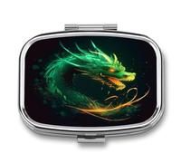Green Dragon Pill Box 2-Compartment Portable Pill Case Square Metal Medication Organizer Small Weekly Medication Case with Mirror Stylish Vitamin Holder for Purse Pocket Travel