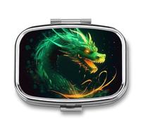 Green Dragon Pill Box Travel Pill Organizer 2-Compartment with Mirror Design Portable Square Medicine Case for Vitamins, Jewelry & Essentials Durable Pocket Pillcase for Purse, Camping