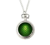 Green Dragon Scale Pocket Watch - Fantasy Creature Design - Silver Quartz Watch with Chain - Mythical Egg/Scale Artwork - Resin Dome Finish - Geek Culture Gift Jewellery