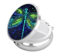 Green Dragonfly Pill Case, Pill Box 3 Compartments Metal Small Pill Holder with Mirror Mini Travel Pill Container for Purse Pocket Women Men