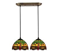 Green Dragonfly Tiffany Style Pendant Hanging Lamp, 8 Inch Stained Glass Dining Room Chandelier, Height Adjustable E26 Ceiling Light for Farmhouse Kitchen Island Decor,2 61cm