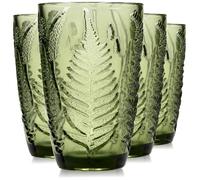 Green Drinking Glasses Set of 4, 12 oz Hand-Pressed Vintage Drinking Glasses, Deep Textured Antique Glassware, Fern Embossed Highball Tumblers, Colored Boho Glass Cups, Retro Style Drinkware Gift Set
