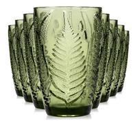 Green Drinking Glasses Set of 8 - 12 oz Hand-Blown Vintage Glass Cups, Boho Aesthetic Colored Glassware with Antique Charm, Textured Highball Water Tumblers, Unique Retro Drinkware Gift for Home