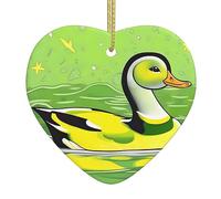 Green Duck Ceramic Christmas Heart Pendant, The Pottery Piece is Available with Silk Thread