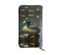 Green duck Long leather wallet, portable credit card holder, zippered coin purse, and ID compartment