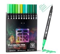 Green Duo Tip Marker Pens, 12 Pack Fine & Brush Markers for Adult Colouring Books No Bleeding, Nature Green Markers for Foliage, Landscape Drawings, Botanical Illustrations and Eco Designs