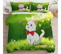Green Duvet Cover Set for Kids Boys Girls Cartoon Style Grass White Cat Butterfly Bedding Set, Ultra Soft Hypoallergenic Non-Iron Reversible 3 Piece Quilt Covers with 2 Pillowcases, Double Size