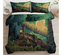 Green Duvet Cover Set Small single Bedding For Kids Adults Teens, Gothic Enchanted Forest Train Bedding Set with Zipper Comforter Cover with 1 Pillowcase Room Decor Soft Bed Sets, 120 x 150 cm