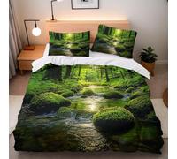 Green Duvet Cover Set Woodland Landscape Quilt Covers Soft Breathable Microfiber 3D Bedding Sets Emperor Size 290x235 cm with Zipper Closure and 2 Pillowcases b-7832
